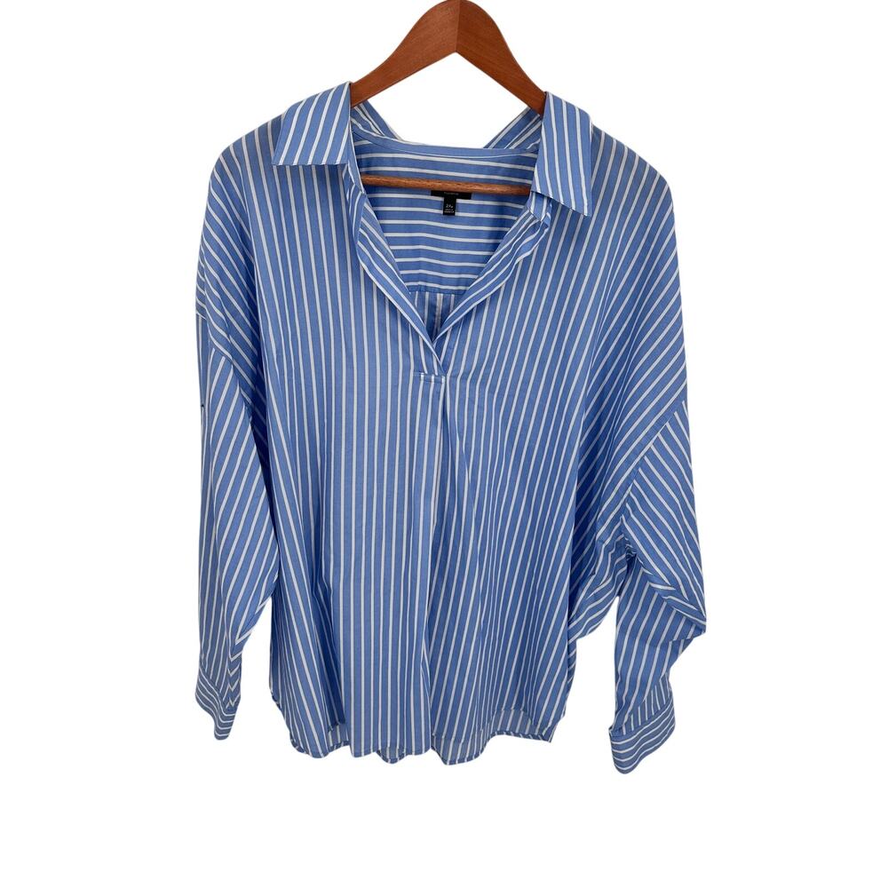 TALBOTS Plus Petite Blue & White Striped Cotton V Neck Poplin Top // 2X Petite